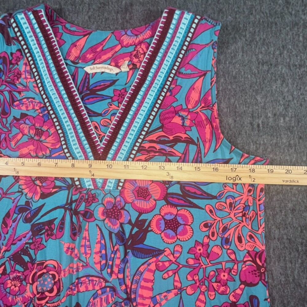 Soft Surroundings Embroidered V-Neck Knit Tank Top Pink Teal Floral sz L Boho - Picture 3 of 9